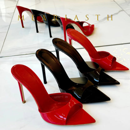 Ladies High-heeled Slippers Shoes Fashion Pointed Sexy Patent Leather Women with Open Toes and Party Wedding Stripper Sandals.