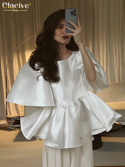 Clacive Fashion Loose Black Satin Women's T Shirt 2026 Summer O-Neck Short Sleeve T-Shirts Elegant Classic Top Female Clothing