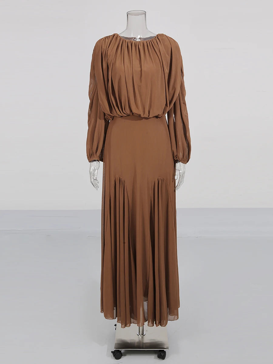 Women's Pleated Long-Sleeve Maxi Dress