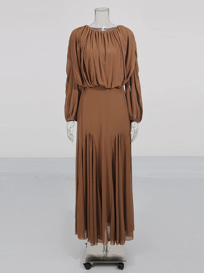 Women's Pleated Long-Sleeve Maxi Dress