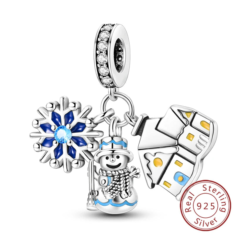 Original 925 Sterling Silver Charms Beads Winter Snowflake Snowman Igloo Penguin Pendant Fit Bracelet Charms Women Jewelry Gift