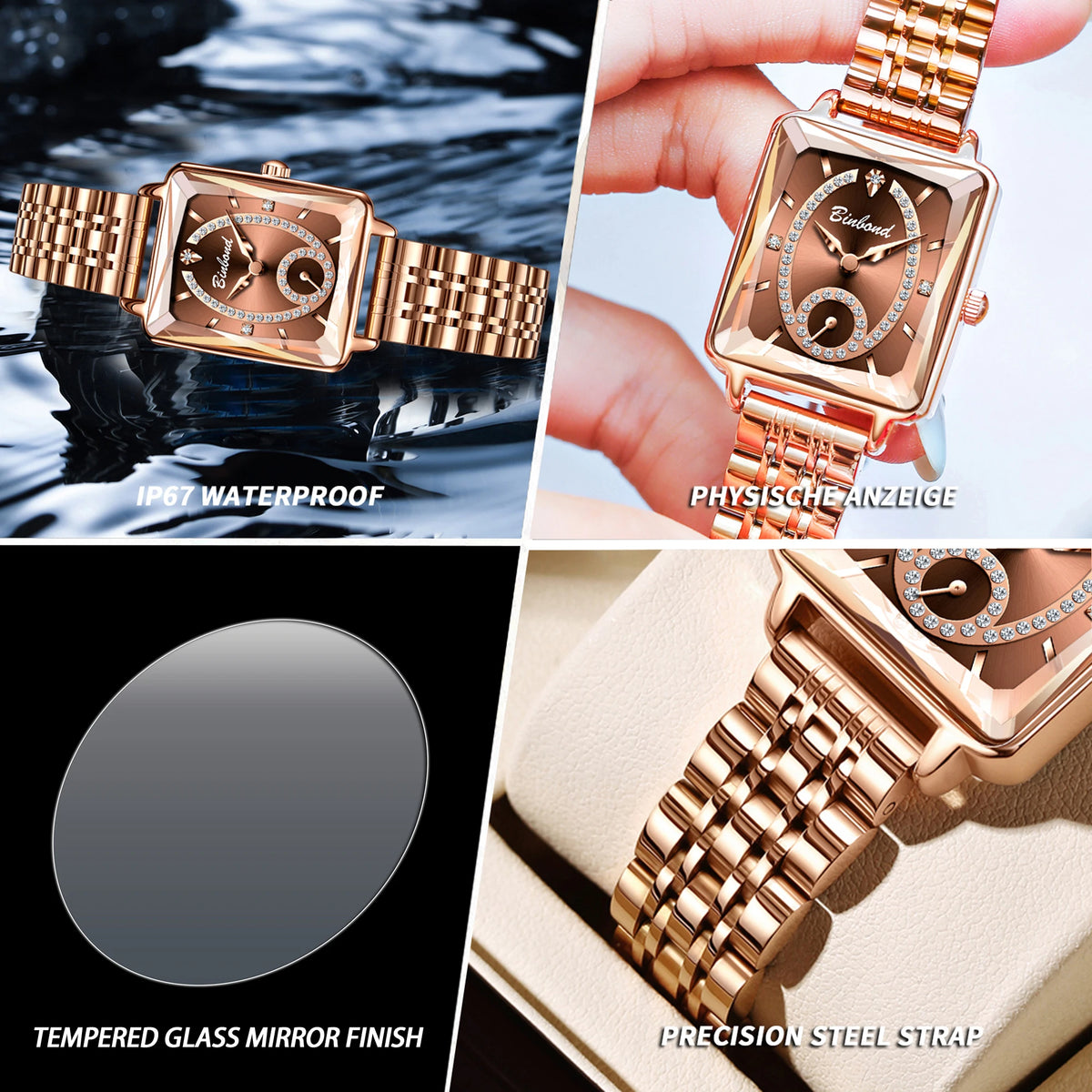 BINBOND Luxury Rectangle Fashion Quartz Watches for Women Precise Luminous Waterproof Zircon Ladies Watch Durable Casual Reloj