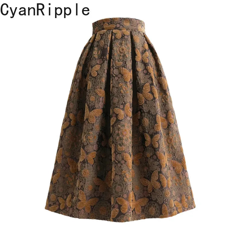 High Quality New Autumn Winter Vintage Butterfly Jacquard Mid-long Umbrella Skirt Elegant High Waist Casual Women Woolen Skirts