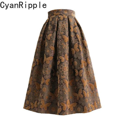 High Quality New Autumn Winter Vintage Butterfly Jacquard Mid-long Umbrella Skirt Elegant High Waist Casual Women Woolen Skirts