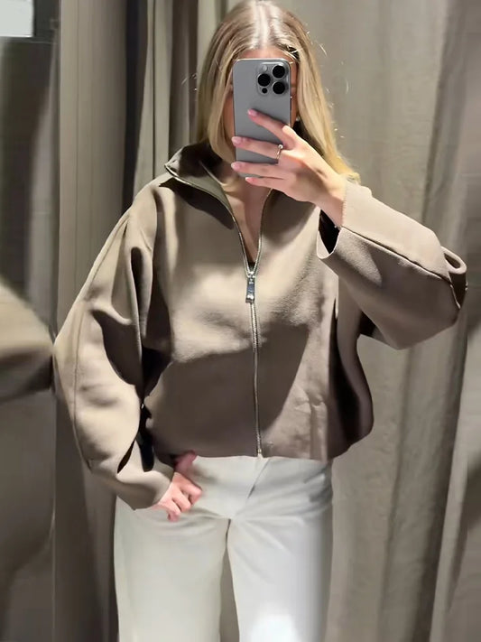 Elegant Knitted Zipper Women's Sweater Solid Full Sleeve Stand Collar Loose Open Stitch Female 2026 Fashion Autumn Outwear Lady