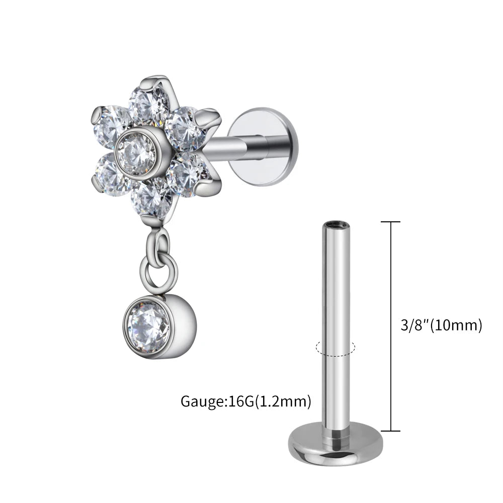 Right Grand ASTM F136 Titanium 16G Flower CZ Drop Dangle Flat Earring Tragus Helix Lobe Stud Piercing Jewelry