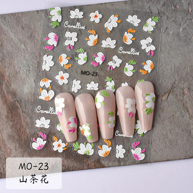 5D Embossed Nail Art Decals Elegant Petals Florals Daisy Flowers Leaves Adhesive Sliders Stickers For Manicure Tips Decoration