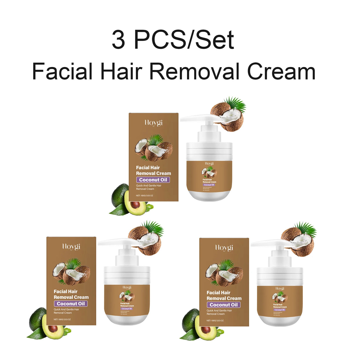 Facial Hair Removal Cream & After Care Roll On Oil Set Coconut Gentle Formula Smooth Skin Soothing Face Armpit Leg Nourishing