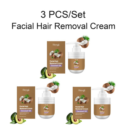 Facial Hair Removal Cream & After Care Roll On Oil Set Coconut Gentle Formula Smooth Skin Soothing Face Armpit Leg Nourishing
