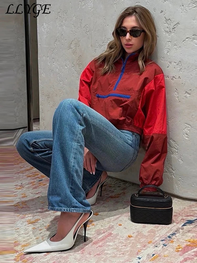 Casual Paneled Contrast Women's Cropped Windbreaker Loose Stand Collar Zipper Full Sleeve Jackets 2026 Autumn Lady Chic Outwear