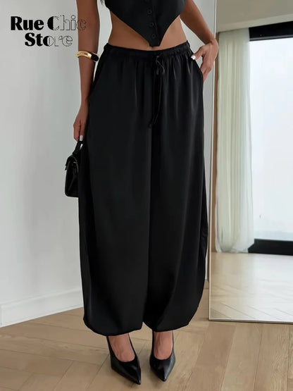 Solid Drapey Satin Loose Harem Pants Women Casual Elastic Waist Drawstring Design Long Pant 2026 Lady Commute Versatile Wear New