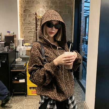 Y2K Leopard Print Hooded Jacket Women Full Zip Drawstring Hood Long Sleeve Loose Fit Streetwear Street Club Ladies Outerwear