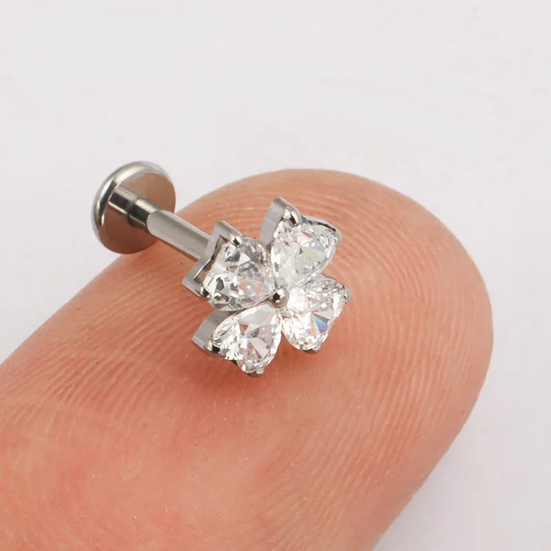 ASTM F136 TItanium with Heart CZ Flower Lab Piercing Labret Lip Studs Sparkle Ear Tragus Helix Conch Lobe Earrings Body Jewelry