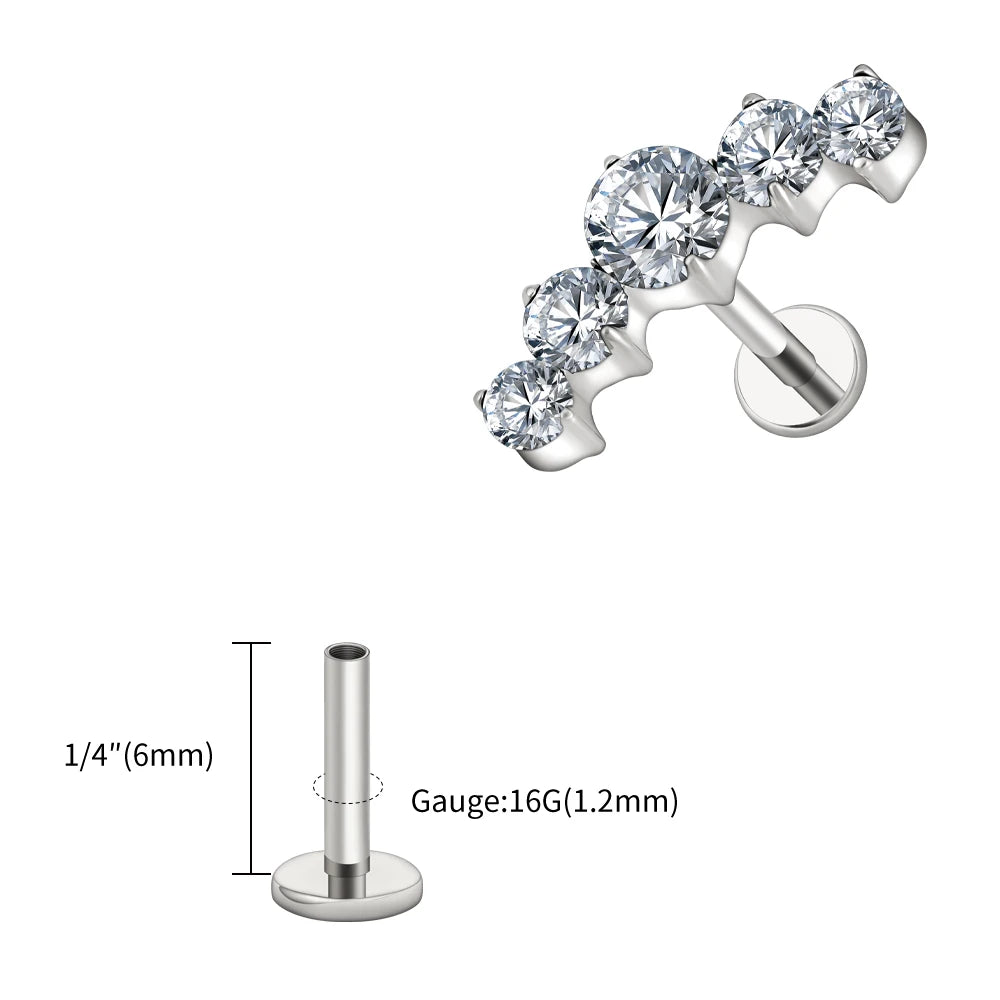 Right Grand ASTM F136 Titanium 16G CZ Cluster Flat Back Labret Stud Curved CZ Bar Climber Earring Helix Cartilage Stud Piercing
