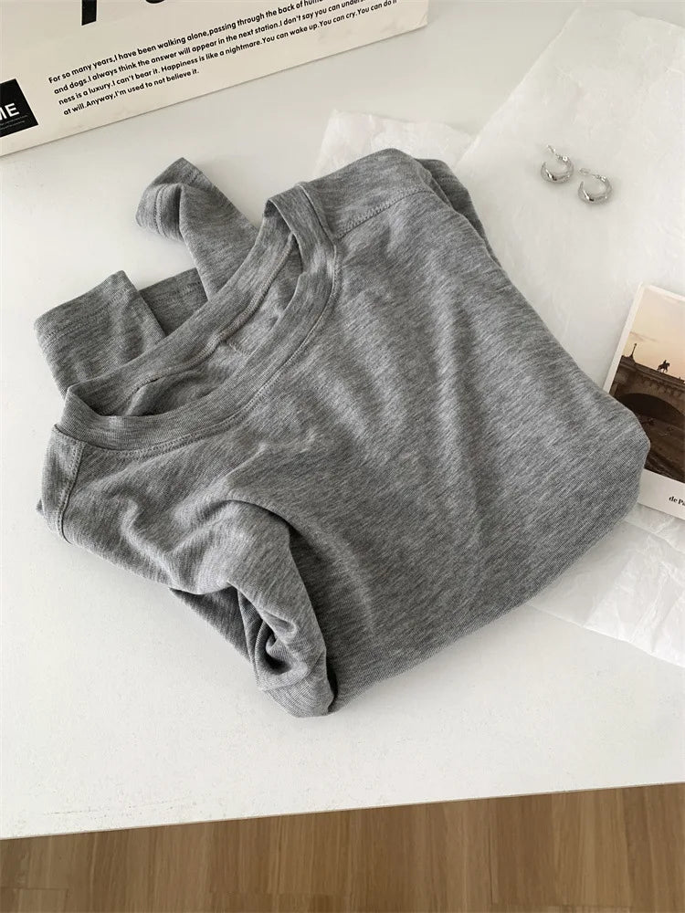 Silk Wool Splice Long Sleeve T-shirt Women Spring Summer Thin Soft Waxy Fit Solid Color Backing Top