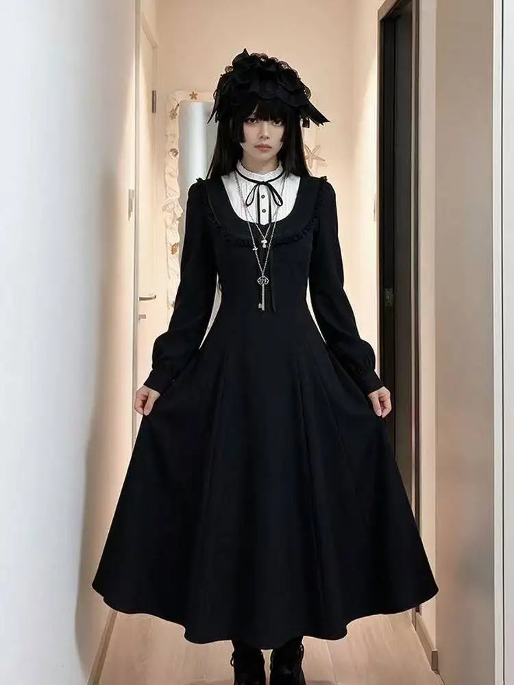 Japanese Gothic Vintage Black Dress Slim Elegant Midi Dress Solid Retro Fashion Party Dress Woman Korean Style Chic