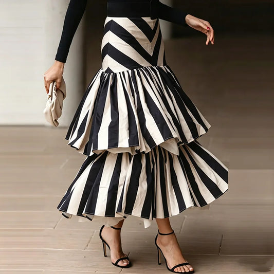 Women Black White Striped Long Skirt High Waist Asymmetric Tiered Ruffle Skirt Irregular Swing Flowy Casual Fashion A Line Skirt