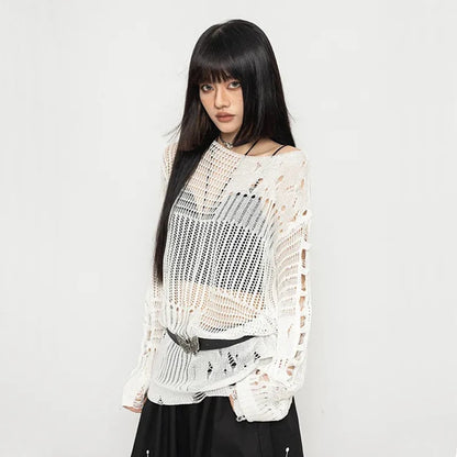 Y2K Hollow Out Knitted Pullovers Women Korean Harajuku Oversized Sweater Summer Sexy Slash Collar Long Sleeve Sunscreen Jumper