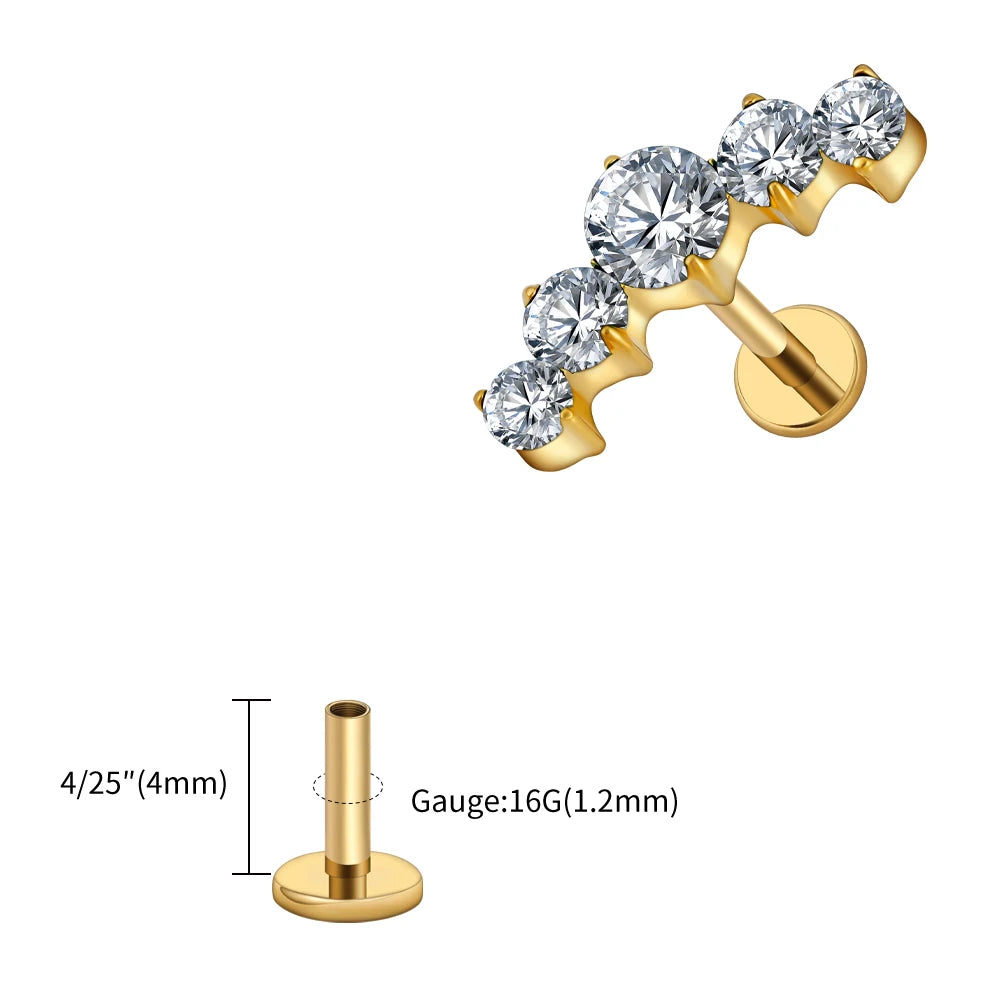 Right Grand ASTM F136 Titanium 16G CZ Cluster Flat Back Labret Stud Curved CZ Bar Climber Earring Helix Cartilage Stud Piercing