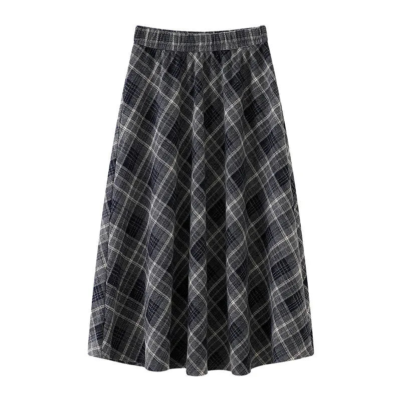 Plaid Woolen  Skirt Women's High Waist Slim A-Line Midi Spring Autumn Seasonal Umbrella Skirt Fashionable Ladies' Skirt