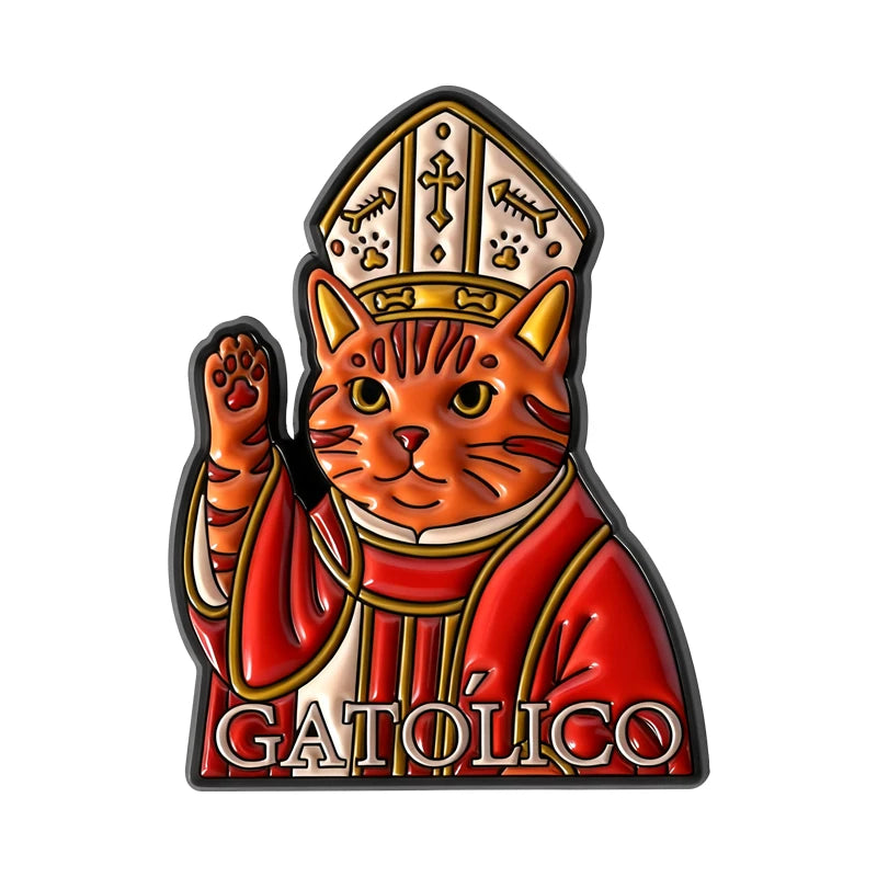 Sacred & Solemn Catholic Cat Brooch Enamel Pins Religious Belief GATOLICO Cat Brooches Lapel Badge Fun Jewelry Gift for Friends