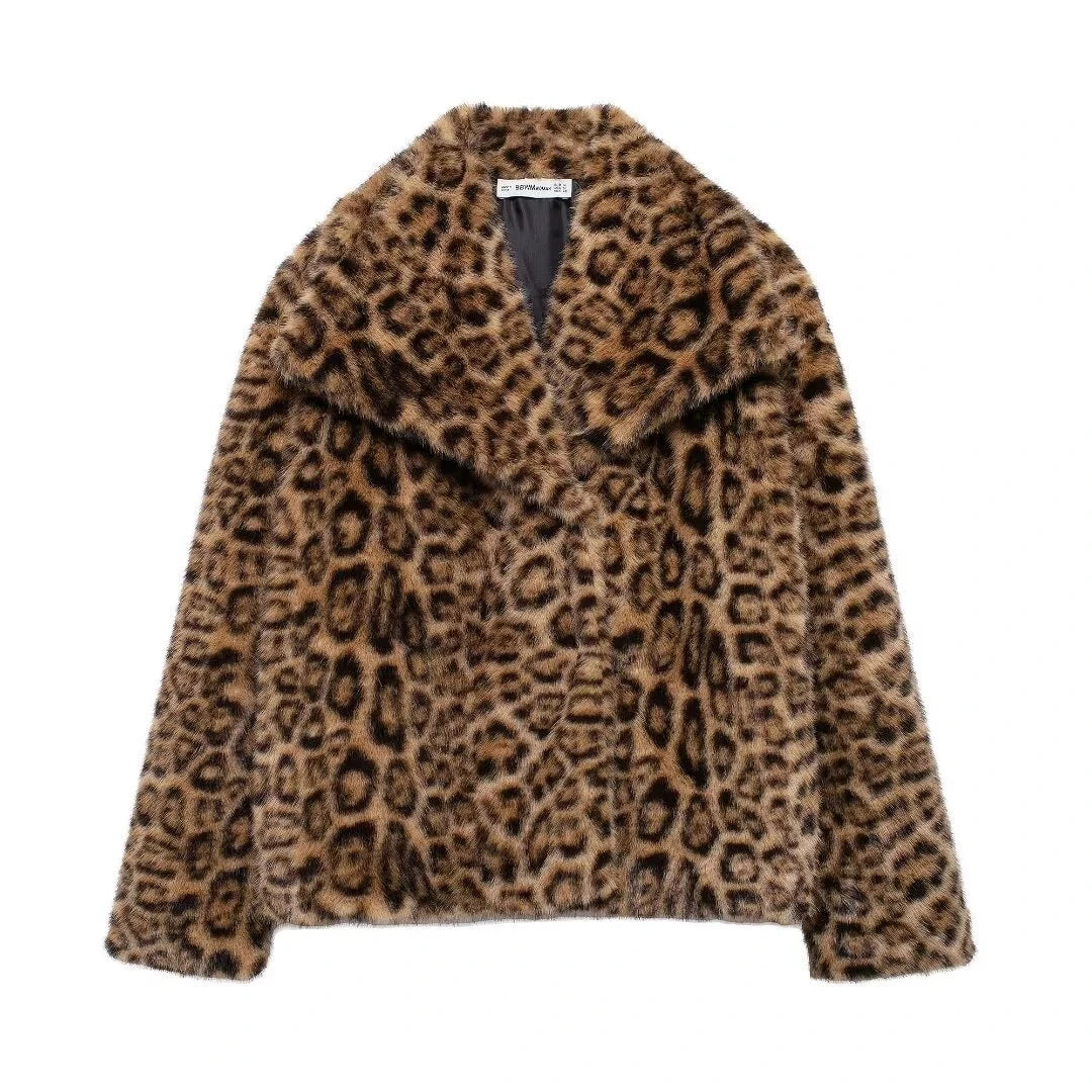Leopard Print Warm Faux Fur Coat Women Fashion Keep Warm Lapel Collar Long Sleeves Thick Fur Coats Winter New Female Streetwear