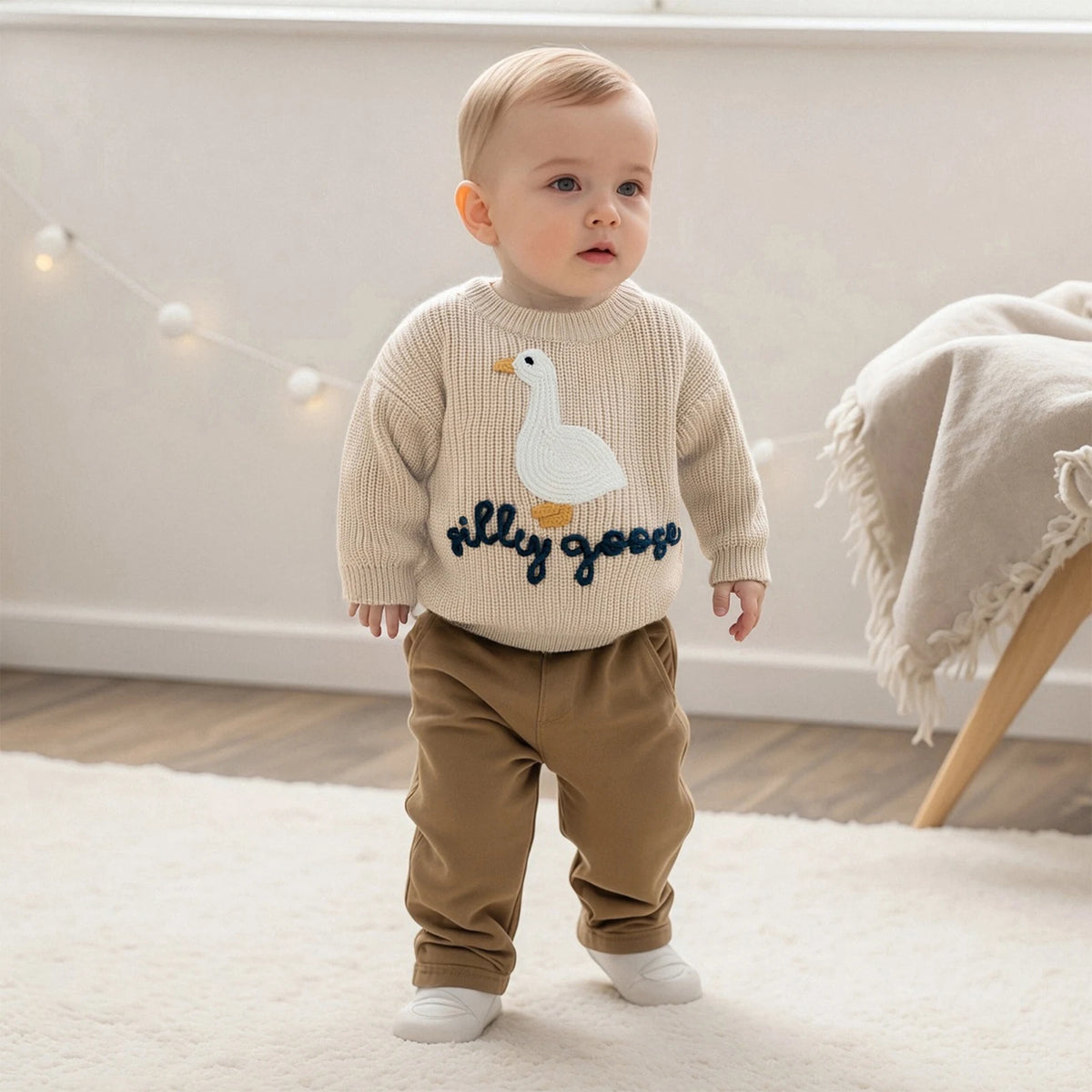 Toddler Baby Goose Sweater Animal Letter Embroidered Crewneck Long Sleeve Pullover Chunky Knit Tops