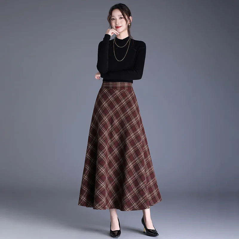 Fairyshely 2026 Winter Brown Plaid Woolen Long Skirt Women Autumn Warm High Waist Midi Skirt Ladies Elegant Thick Pleated Skirt