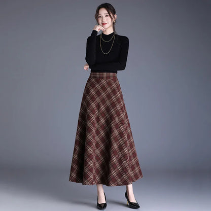 Fairyshely 2026 Winter Brown Plaid Woolen Long Skirt Women Autumn Warm High Waist Midi Skirt Ladies Elegant Thick Pleated Skirt