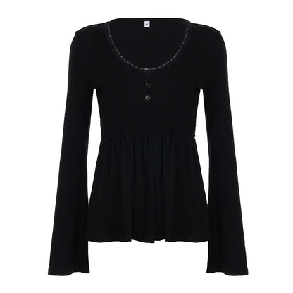 Women Solid Lace Trim Patchwork Button Flared Sleeves Shirt Casual V Neck Knit Top Y2k Aesthetic Fall Clothes Fairycore