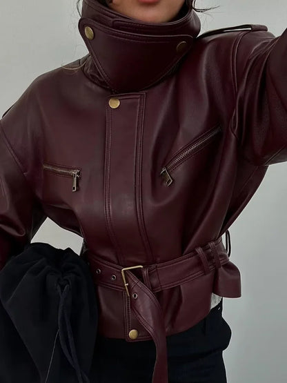 Women Solid Burgundy Waist Cinching Jacket Fashion Lace Up Stand Collar Zipper Bucket Short Jackets 2026 Lady High Street Coat