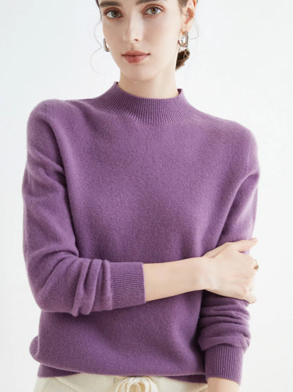First-Line Seamless Women's Half-Turtleneck 100% Pure Wool Sweater Solid Color Long Sleeve Pullover Knitted Bottoming Sweater