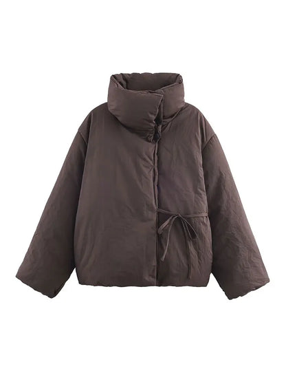 Nlzgmsj 2025 Winter Vintage Loose Women Jacket Lace-Up Stand Collar Long Sleeve Casual Street warm Parka Outerwear Y2k