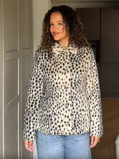 Vintage Dalmatian Spotted Faux Fur Coat Women Round Neck Button Front Loose Short Fuzzy Jacket Winter Warm Street Outerwear