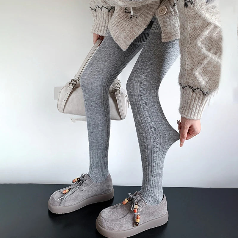 Women Cable Knit Tights Warm Thick Full Length Pantyhose Stretchy Solid Hosiery for Daily Wear