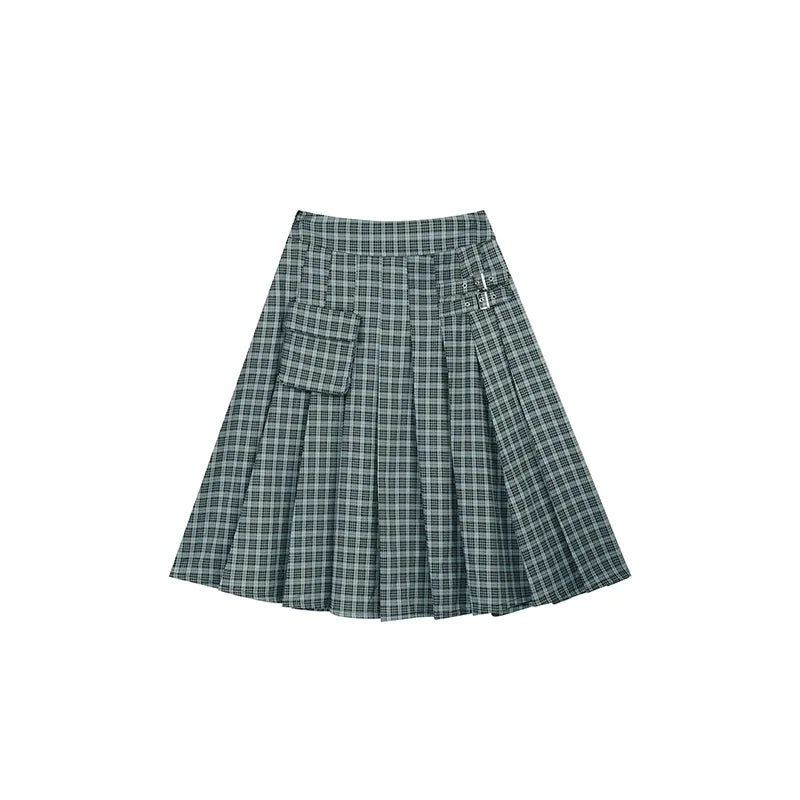 ELFSACK 2025 Autumn New Arrival Casual Checkered Pocket Asymmetric Pleated Street Style Midi Skirt For Woman
