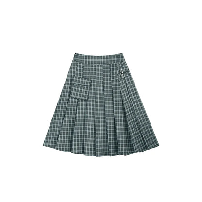 ELFSACK 2025 Autumn New Arrival Casual Checkered Pocket Asymmetric Pleated Street Style Midi Skirt For Woman