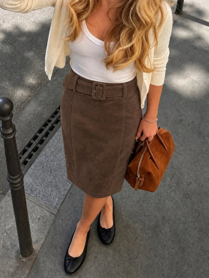 Vintage Faux Suede Midi Skirt Women's High Waisted Belted Straight Skirt Knee Length 2026 Fall Winter Office Lady Brown Skirts