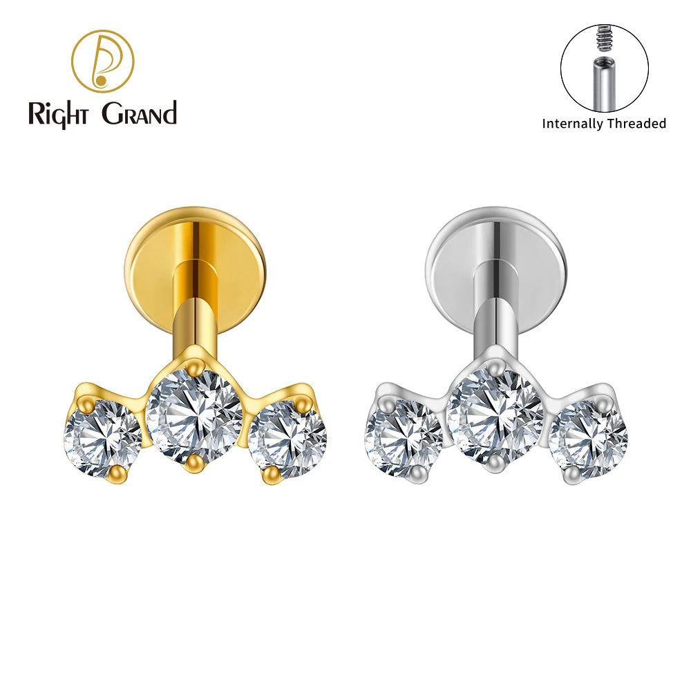Right Grand ASTM F136 Titanium Triple CZ Cluster Cartilage Earring 16G Mini CZ Labret Tragus Helix Medusa Flat Back Piercing