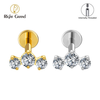 Right Grand ASTM F136 Titanium Triple CZ Cluster Cartilage Earring 16G Mini CZ Labret Tragus Helix Medusa Flat Back Piercing