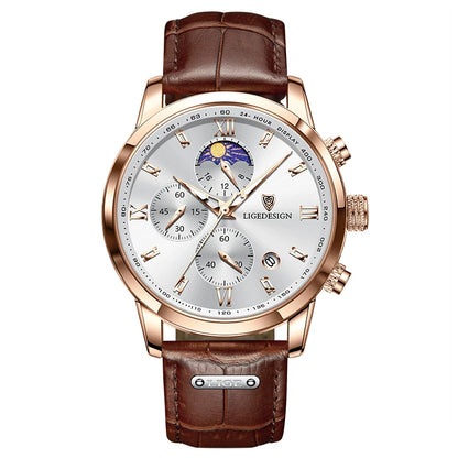 LIGE Luxury Fashion Women Watch Leather Strap Waterproof Casual Sport Quartz Wristwatch 24 Hour Moon Phase Clock Watch for Women