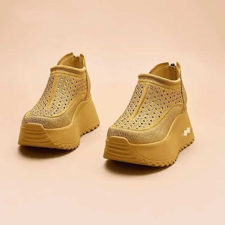 Hollow Sandals Rhinestones Fashion Genuine Leather Women Chunky Sneakers Female Summer Height Increasing Ladies Shoes