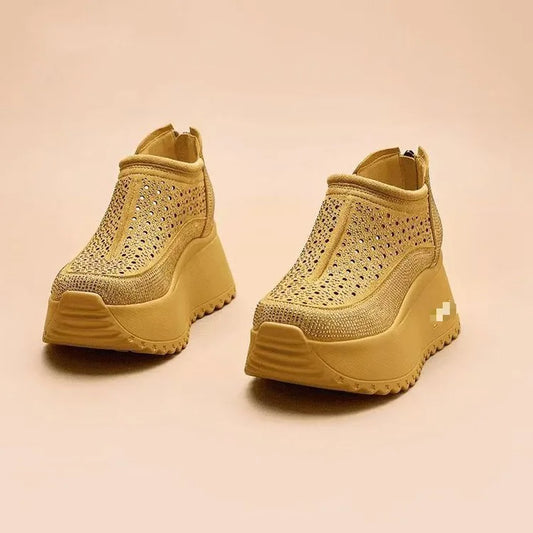 Hollow Sandals Rhinestones Fashion Genuine Leather Women Chunky Sneakers Female Summer Height Increasing Ladies Shoes