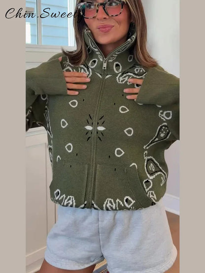 Casual Women's Jacquard Knit Cardigan Loose Stand Collar Zipper Long Sleeve Pockets Sweater 2026 Autumn Lady Vintage Sweaters