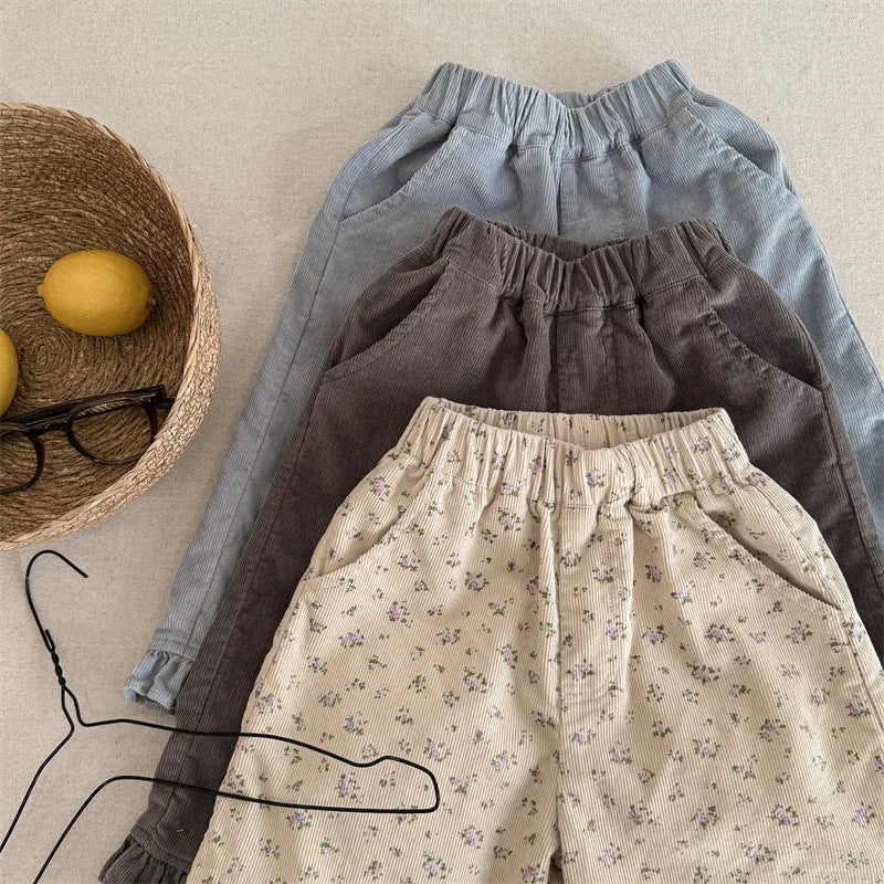 deer jonmi 2026 New Spring Baby Girls Wide Leg Pants Floral Printed Korean Style Corduroy Ruffles Toddlers Kids Casual Trousers