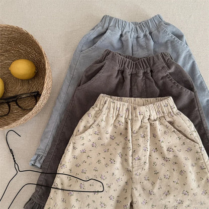 deer jonmi 2026 New Spring Baby Girls Wide Leg Pants Floral Printed Korean Style Corduroy Ruffles Toddlers Kids Casual Trousers