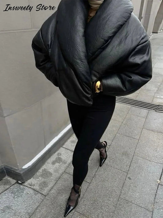 Fashion Faux Leather Padded Jackets Women's Oversized Lapel Full Sleeve Cropped Warm Coats 2026 Winter New Lady Solid Outerwear