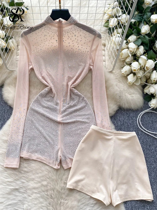 SINGREINY Summer Thin Sheer Sexy Bodysuit Long Sleeve Zipper With Shorts Design Rompers Beadings Streetwear Women Mesh Playsuits