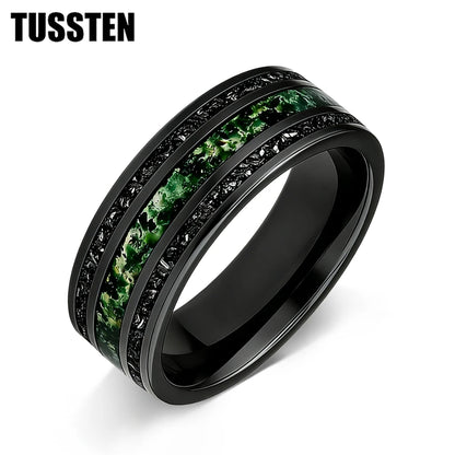 TUSSTEN 8MM Men's and Women's Wedding Tungsten Ring Inlaid Moss Agate And Meteorolite Inlay Comfortable Fit