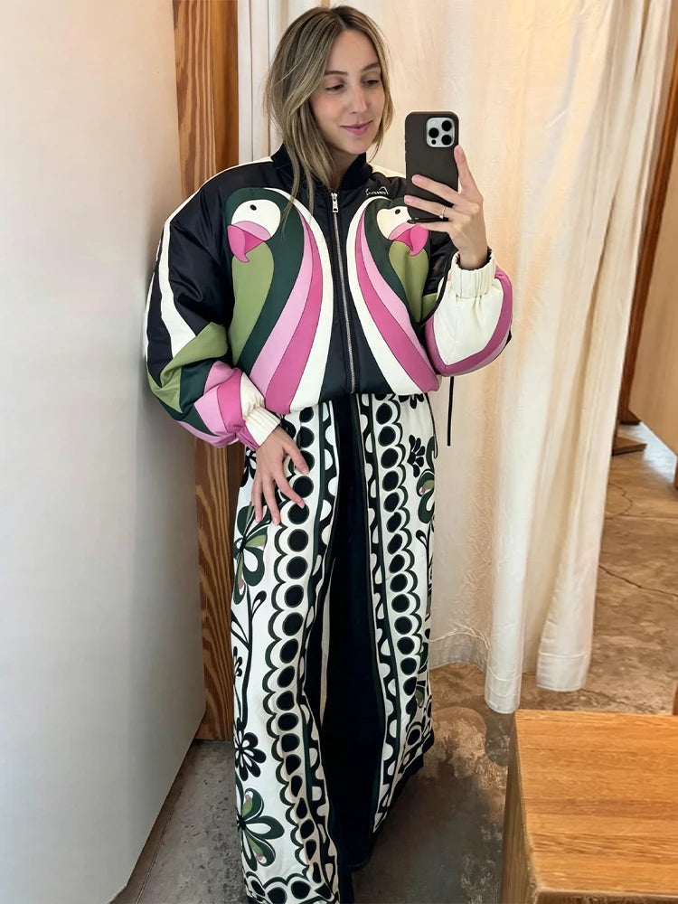 Casual Printed Women's Cotton Coats Zippers Stand Collar Thicken Loose Lady Short Coats 2026 Autumn Winter Fashion Female Top
